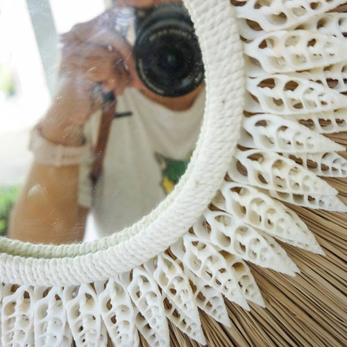 Sunburst shape raffia fiber mirrror | seagrass white sea shell mirror shops | natural seagrass mirror | beach house mirror hanging