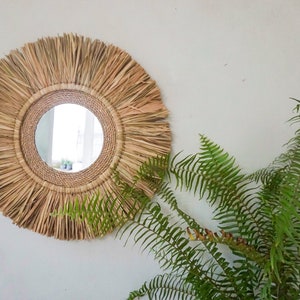 handmade round raffia mirror | beach wall mirror | seagrass round mirror | boho mirror raffia wall hanging