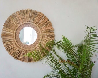 handmade round raffia mirror | beach wall mirror | seagrass round mirror | boho mirror raffia wall hanging