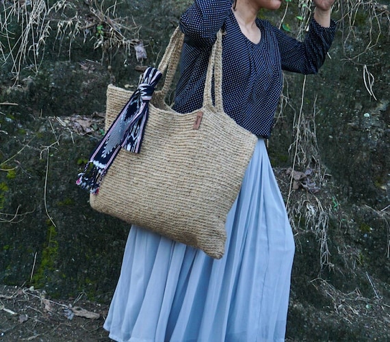Bolso de mano de ganchillo de yute grande hecho a mano bolso de
