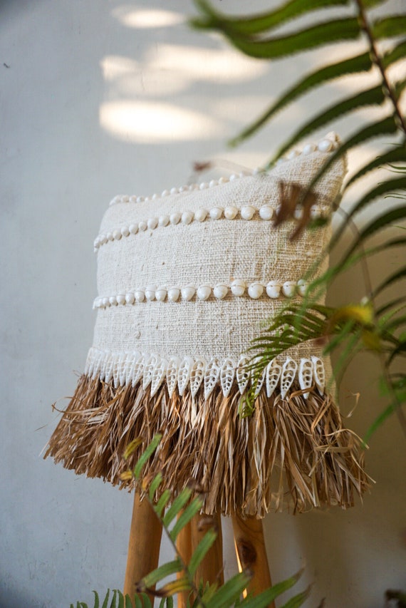 Boho Pillow Cover | Coastal Cushion | Cowrie Shell | Woven Raffia | Tropical Beachhouse Decor