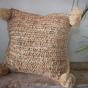Boho Raffia Pom Pom Pillow Cover | Raffia Crochet Pillow Cover | Rustic Pillow Cover
