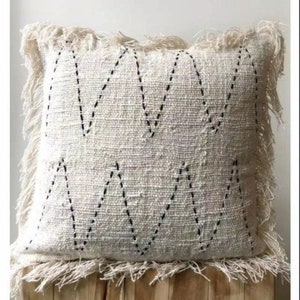 Boho hand stitches pillow cover with fringes | White bohemian pillow cover | white boho tassels cushion cover | boho pillow case