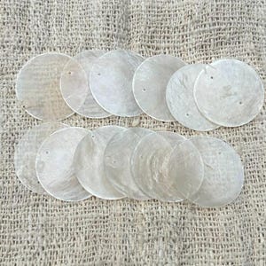 Può includere: Una collezione di dodici dischi circolari in conchiglia, traslucidi e color bianco sporco, disposti su due file. Ogni disco sottile e piatto presenta una superficie liscia e iridescente con un naturale riflesso madreperlaceo e un piccolo foro vicino al bordo superiore.