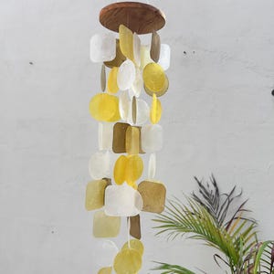 Small Brown Yellow Capiz Shell Wind Chime | Handmade Coastal Boho Decor | Beach House Patio Decor | Outdoor Shell Wind Chime | Porch Hanging