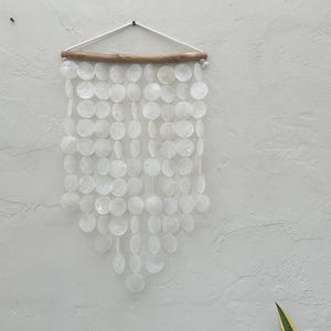 May include: A wall hanging featuring multiple vertical strands of translucent, circular white shell discs suspended from a horizontal brown wooden branch. A white rope is attached to both ends of the branch for hanging purposes.