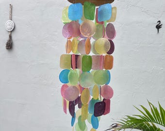 Large Rainbow Pastel Color Capiz Shell Wind Chime – Handmade Coastal Boho Decor
