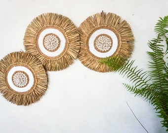 Raffia Wall Decor Set, Boho Coastal Art, Natural Fiber Hanging, Neutral Home Decor
