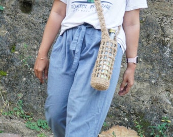 Sac pour gourdes en jute | Porte-bouteille au crochet en jute | Support pour bouteille d'eau | Sac à bandoulière en jute | porte-bouteille