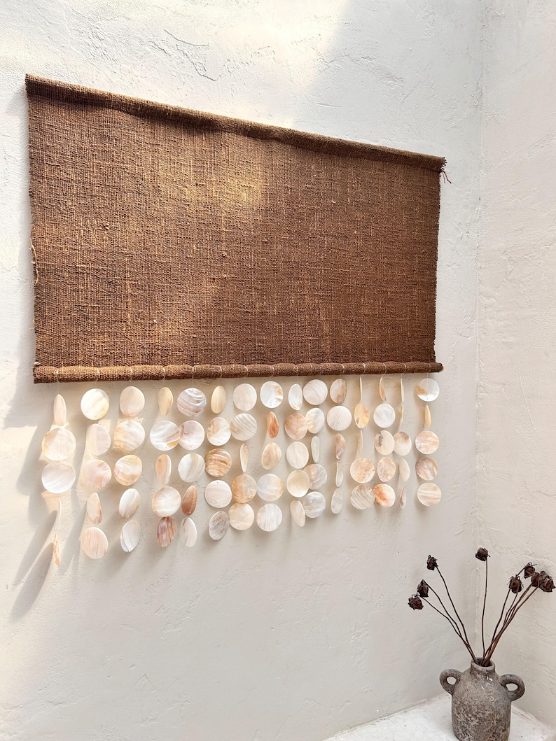 Mother of Pearl Tapestry Wall Hanging – Coastal Boho Shell Art Brown