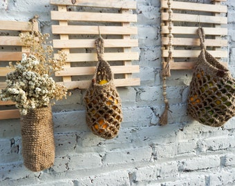 Handmade Jute Crochet Hanging Basket | Farmhouse Kitchen Decor