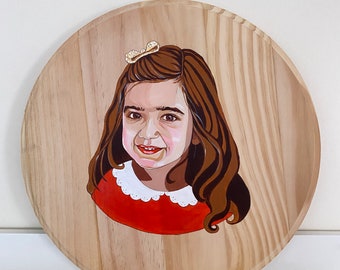 Custom portrait hand painted acrylic painting on round wood panel. Child portrait painting, baby portrait portrait from Photo.