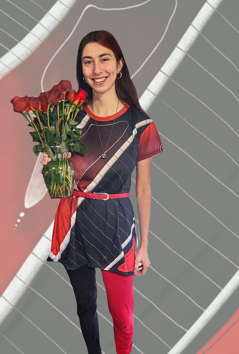 Creative Clothing Gift for Girlfriend Red and Black Striped Shirt Dress Artsy Clothing for Women Unique Dresses Abstract Art Dress