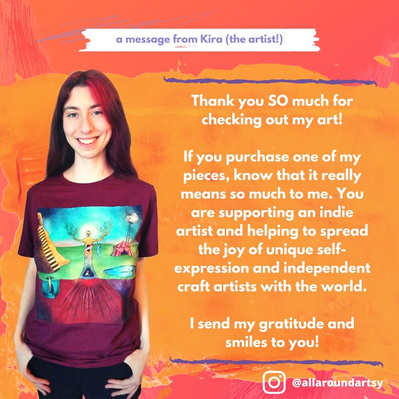 Puede incluir: Una mujer lleva una camiseta granate con un estampado gr&aacute;fico colorido. El gr&aacute;fico muestra a una persona de pie en un campo con un &aacute;rbol, una tienda de campa&ntilde;a y una escalera. El texto de la camiseta dice "&iexcl;Muchas gracias por ver mi arte! Si compras una de mis piezas, debes saber que significa mucho para m&iacute;. Est&aacute;s apoyando a un artista independiente y ayudando a difundir la alegr&iacute;a de la autoexpresi&oacute;n &uacute;nica y los artistas artesanales independientes en el mundo. Te env&iacute;o mi agradecimiento y mis sonrisas! @allaroundartsy"