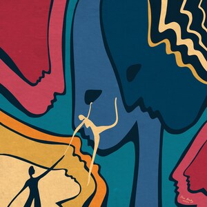 Puede incluir: Impresi&oacute;n de arte abstracto con cinco caras estilizadas en tonos de rojo, azul y amarillo. Las caras se superponen y parecen interactuar entre s&iacute;. Una peque&ntilde;a figura en el centro est&aacute; llegando hacia la cara superior.
