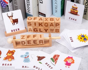 Wooden alphabet blocks spelling learning card and cubes for preschool kids excellent birthday gift