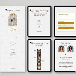 May include: A digital graduation invitation suite featuring a long vertical layout and four rectangular tablet screens. The designs include text such as Congratulations Olivia Wilson, Join Us To Celebrate, RSVP Here, Favorite Highschool Memories, and Then Vs Now, with gold accents and a graduation cap icon.