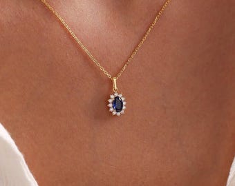 14k Gold Blue Sapphire Pendant, Sapphire Oval Cut Necklace, Minimalist Sapphire Necklace, Sapphire Halo Necklace, Dainty Necklace for Women