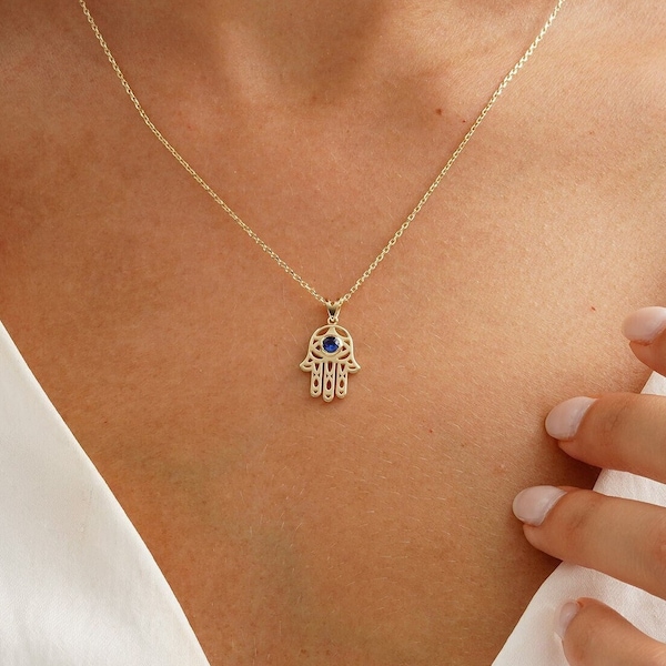 14k Gold Evil Eye Hamsa Anhänger, Hamsa mit Saphir Halskette, Hand der Fatima Goldschmuck, Hand der Göttin, 18k Fatima Hände Halskette