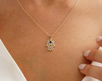 14k Gold Evil Eye Hamsa Pendant, Hamsa with Sapphire Necklace, Hand of Fatima Gold Jewelry, Hand Of the Goddess, 18k Fatima Hands Necklace