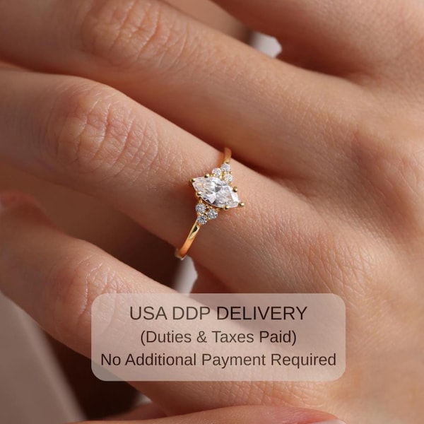14k Solid Gold Marquise Moissanite Engagement Ring - Vintage Style Moissanite Wedding Jewelry