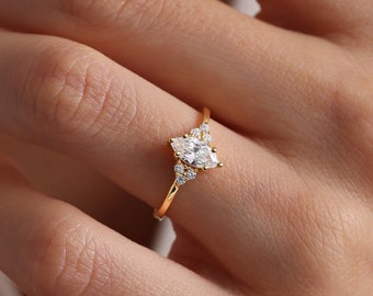 14k Marquise Moissanite Engagement Ring Solid Gold, Vintage Style Solitaire Ring, 0.57 Ct Moissanite Wedding Ring, Dainty Anniversary Ring