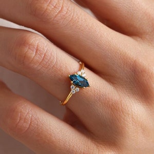 14k Solid Gold London Blue Topaz Marquise Ring - Vintage Style Engagement and Promise Ring