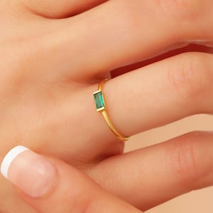 14k Dainty Baguette Emerald Ring, Solid Gold Solitaire Ring, Birthstone Baguette Ring, Green Gemstone Ring, Tiny Emerald Ring, Stacking Ring
