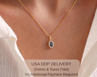 14k Gold London Blue Topaz Halo Necklace - Minimalist Natural Topaz and Cz Diamond Pendant