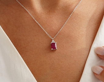 Solid Gold Ruby Necklace - 14k Dainty Ruby Pendant for Women, July Birthstone Jewelry