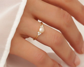 14k Unique Pearl Ring with Cz Diamond, Dainty Gold Engagement Ring, Freshwater Cultured Majorca Pearl Jewelry, Wedding Proposal Ring for Her