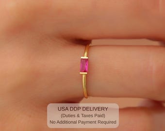 14k Solid Gold Solo Baguette Ruby Ring - July Birthstone Ring, Birthday Gift for Her