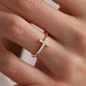 Solid Gold Moissanite Cross Ring, 14k Cz Diamond Cross Ring, Religious Gift, Christmas Gift, Mothers Day Gift, Birthday Gift, Gift for Women