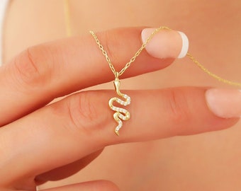 14k Snake Necklace Solid Gold, 18k Snake Pendant, Minimalist
