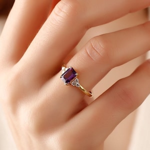 Natural Amethyst Engagement Ring, 14k Gold Octagon Amethyst Ring, 18k Amethyst Promise Ring, February Birthstone, Proposal Ring for Women