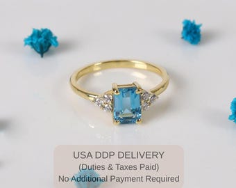 Anillo de compromiso de oro macizo de 14 k con topacio azul suizo - Anillo de promesa solitario con piedra preciosa natural