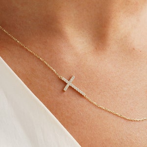 14k Gold Sideways Cross Necklace, Custom Size Cross Jewelry, Dainty Diamond Charm Cross, 18k Religious Cross Necklace, CZ Crucifix Jewelry image 4