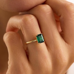 14k Emerald Cut Emerald Solitaire Wedding Promise Ring, Solid Gold Green Engagement Jewelry