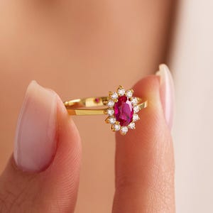 14k Solid Gold Ruby Ring, Oval Ruby Engagement Ring, Dainty Ruby Halo Ring, July Birthstone Ring, Minimalist Ruby Ring, Birthday Gift Women
