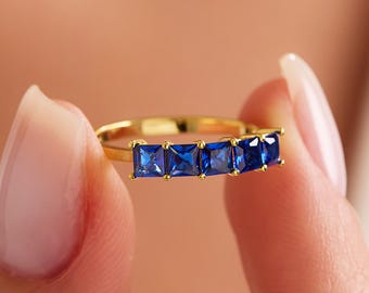 14k Solid Gold Blue Sapphire 5 Stone Ring - Stackable September Birthstone Wedding Jewelry