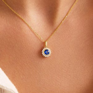 14k Solid Gold Sapphire Necklace, Round Sapphire Necklace, Blue Sapphire Minimalist Pendant for Women, Sapphire and Cz Diamond Necklace 18k