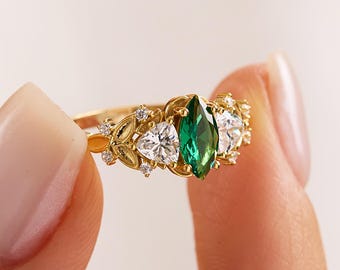14k Solid Gold Marquise Emerald Ring – Cz Diamond Accent Anniversary Ring