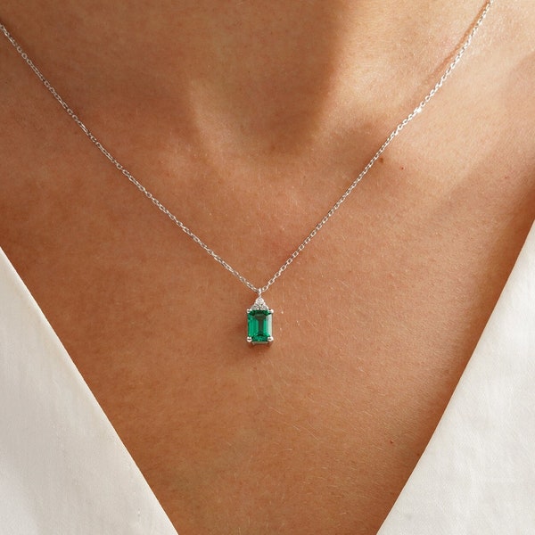14k Gold Emerald Necklace, Dainty Emerald Necklace Women, Green Emerald Pendant, May Birthstone Necklace, Emerald Jewelry, Anniversary Gift