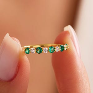 Solid Gold Emerald Stacking Ring, 14k Emerald Half Eternity Ring, Minimalist Emerald Band Ring, Dainty Emerald Ring Women, Emerald Jewelry