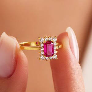 14k Emerald Cut Ruby Halo Ring, Solid Gold Ruby Engagement Ring, Octagon Ruby Ring, Ruby Promise Ring, Solid Gold Wedding Ring, Gift for Her