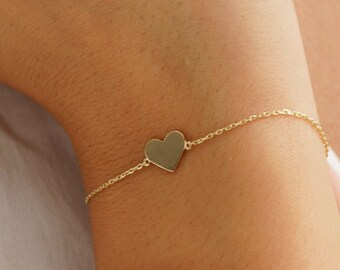 Small Heart Bracelet 14k Solid Gold Heart Diamond Dainty Diamond Heart Bracelet Heart Bracelet Bestfriend Gift Thin Heart Bracelet