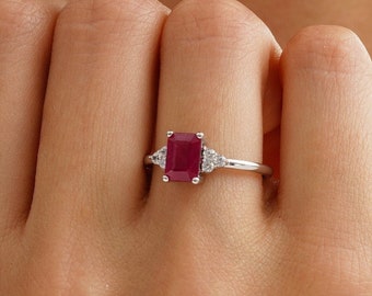 14k Gold Ruby Engagement Ring, Octagon Ruby Promise Ring, Cz Diamond Ruby Ring, July Birthstone Ring, 18k Lab Ruby Jewelry, Anniversary Gift