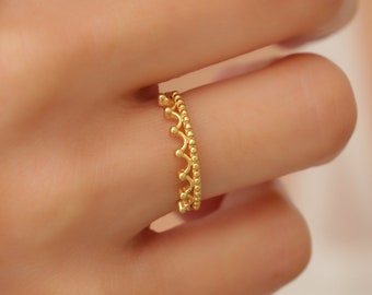 Solid Gold Crown Ring - Dainty Stackable Ring for Women