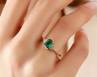 Octagon Emerald Engagement Ring, 14k Solid Gold Proposal Ring, May Birthstone Ring, Lab Emerald Promise Ring, Anniversary Ring, Wedding Gift