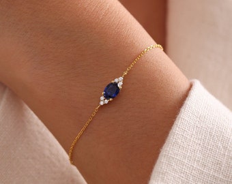 14k Gold Sapphire Bracelet, Oval Blue Sapphire Bracelet, September Birthstone Bracelet, Sapphire Cz Diamond Bracelet, Birthday Gift for Her